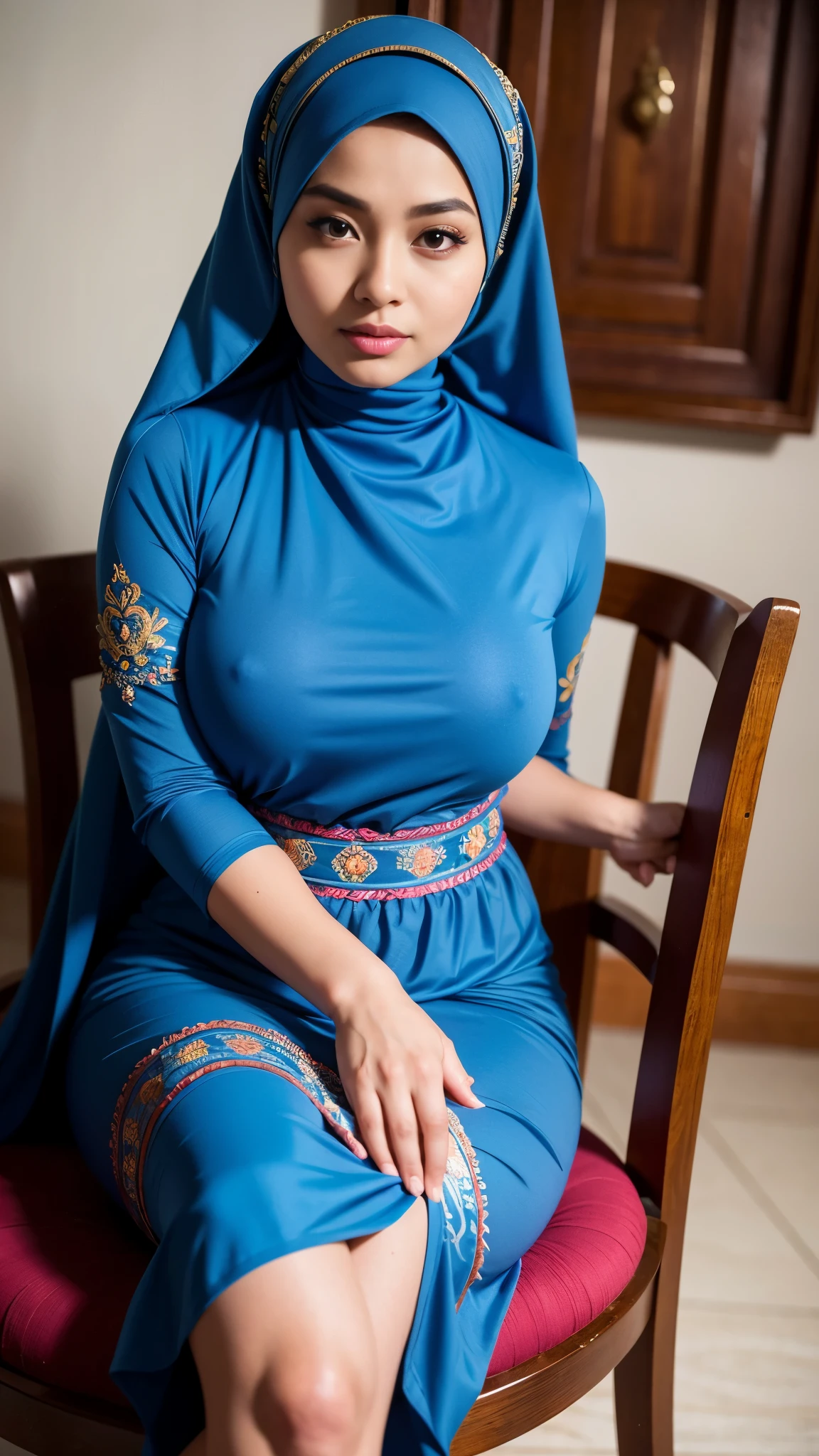 RAW, Best quality, high resolution, masterpiece: 1.3), beautiful Malay woman in hijab, Masterpiece, perfect fit body, Big breasts, thick thighs, beautiful big eyes, mole under the eyes, long eyelashes, big eyes, beutifull face, Soft smile, woman sitting on a wooden chair in a blue dress, with exotic beauty, taken in 2 0 2 0, very bright, blue traditional dress, with beautiful colors, inspired by Naza, traditional beauty, taken in 2022, wearing beautiful clothes, with beautiful appearance, extraordinary masterpiece, colorful, inspired by Nazmi Ziya Güran, beautiful woman, beautiful, colourful pastel, floral!, Soft turtleneck, Great lighting, Bright colors, Clean lines