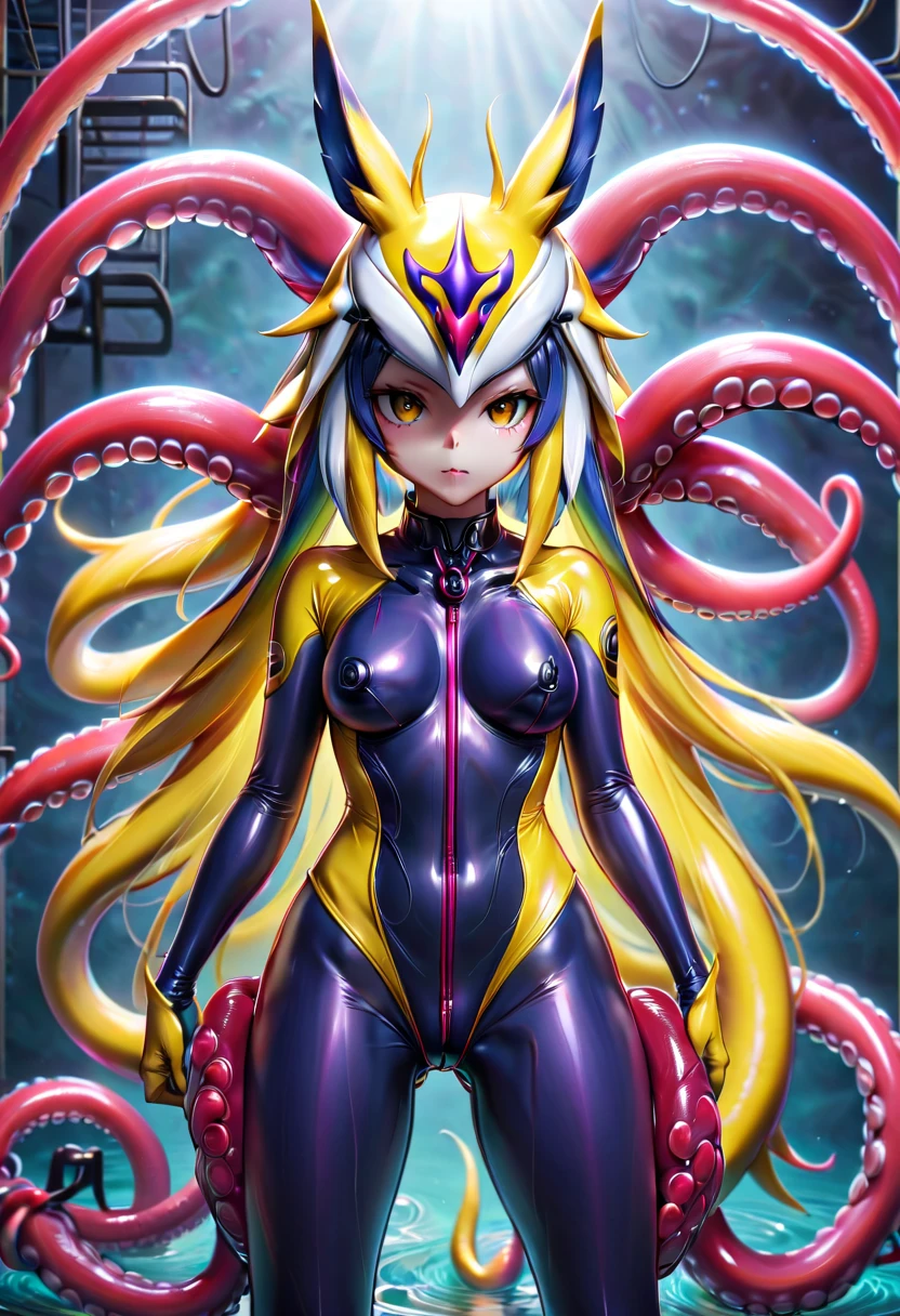 NSFW，full body portrait，female，whole body concept，evil depravity，Renamon type full face helmet，Renamon type full body suit，Full body tight suit，vagina，Insert dick tentacle into pussy，tentacle cockpit，fused with tentacles