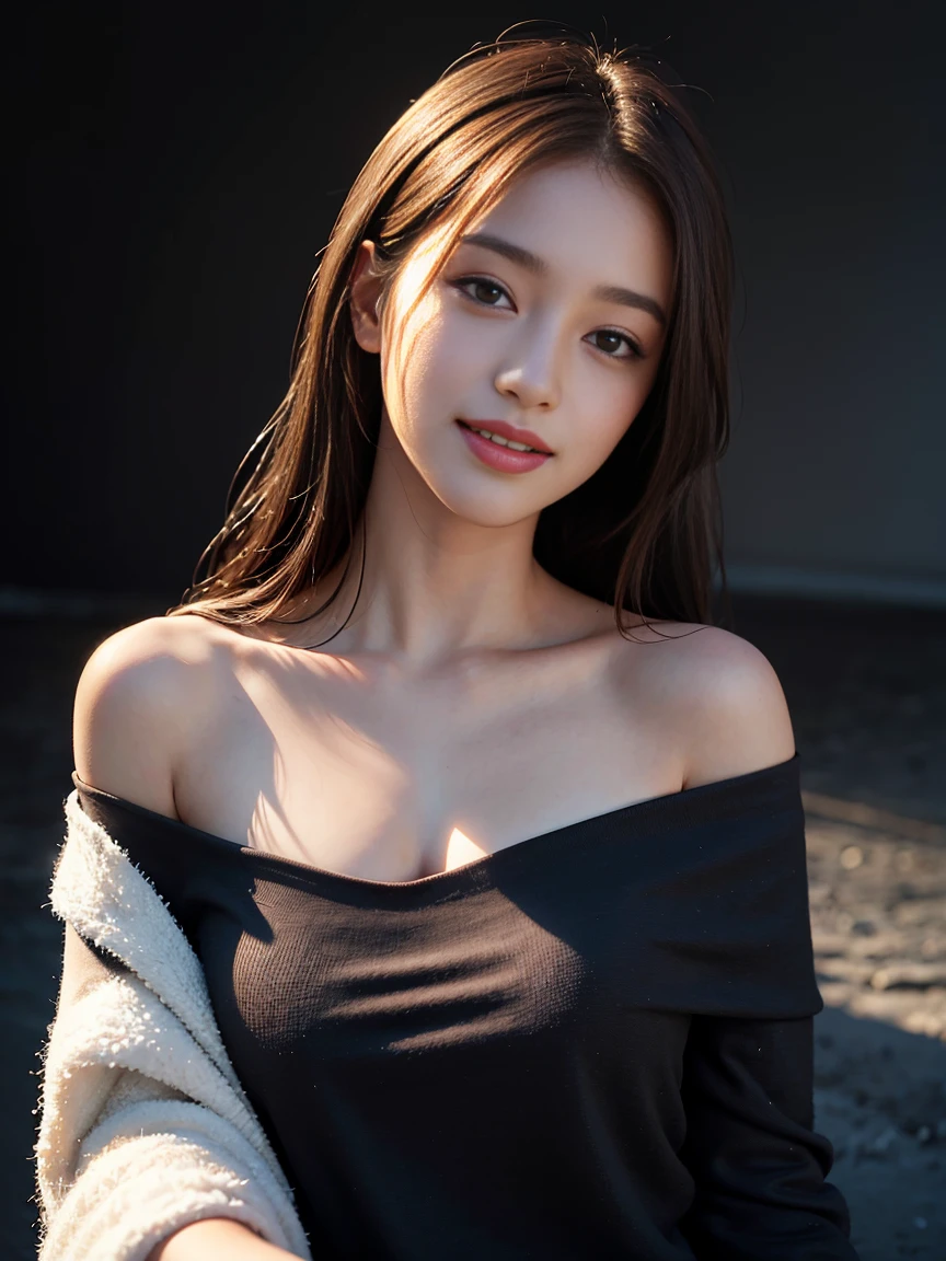 highest quality, masterpiece, ultra high resolution, (realistic:1.4), RAW photo, 1 girl, off shoulder, in the darkness, deep shadow, discreet key, cold light、smile