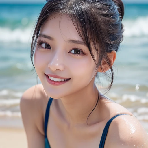 25-year-old Korean, Beautiful Face, smile, K-POPアイドル, whole body,((Small breasts:1.4)) 、（Completely naked），（nsfw）、(Beach at night:1.2),((Close-up of face))、Close ~ eyes
