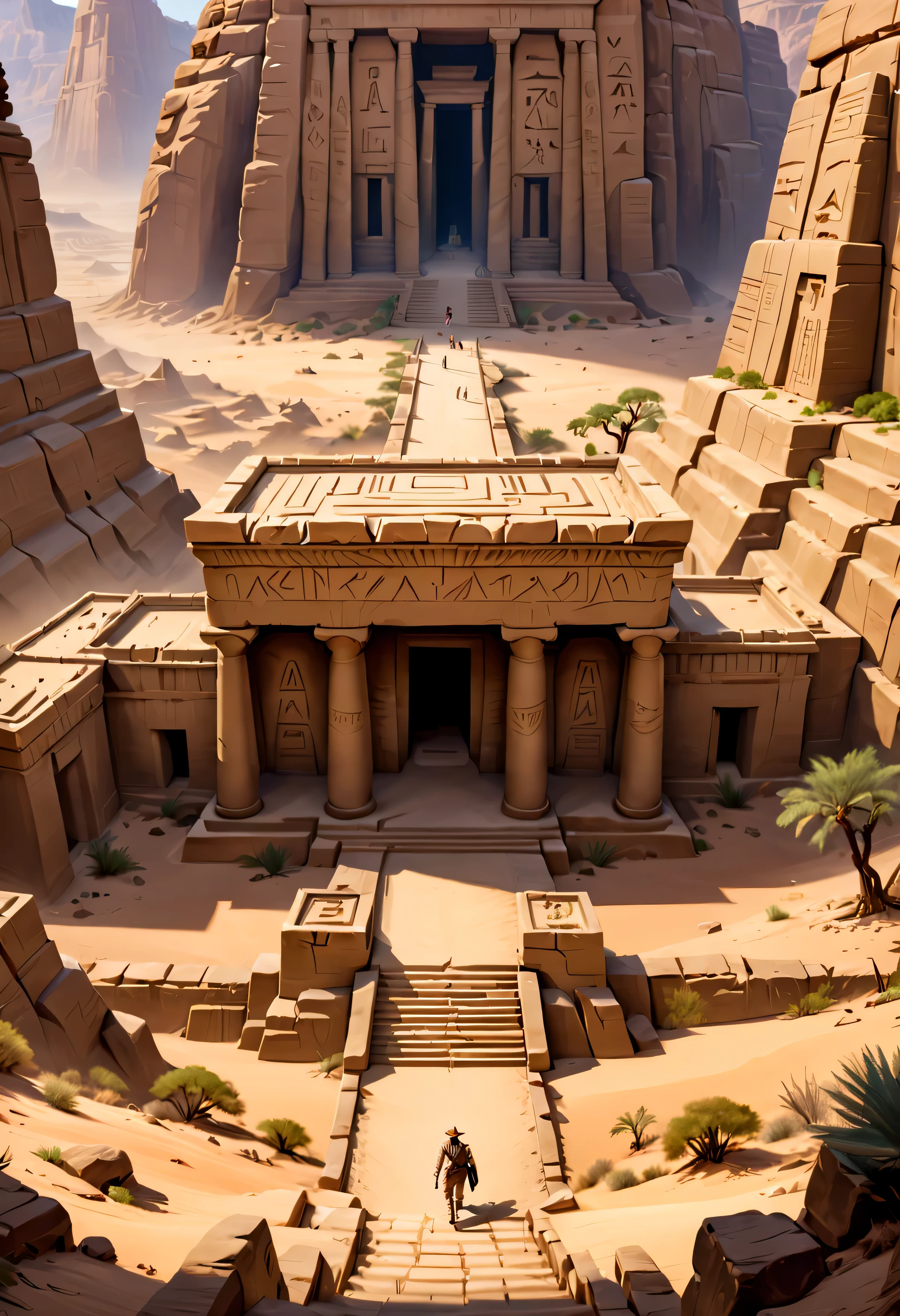 Indiana Jones,treasure hunt,desert canyon,desert temple seen from afar,(best quality,4k,8k,highres,masterpiece:1.2), ancient hieroglyphs, ancient architecture.