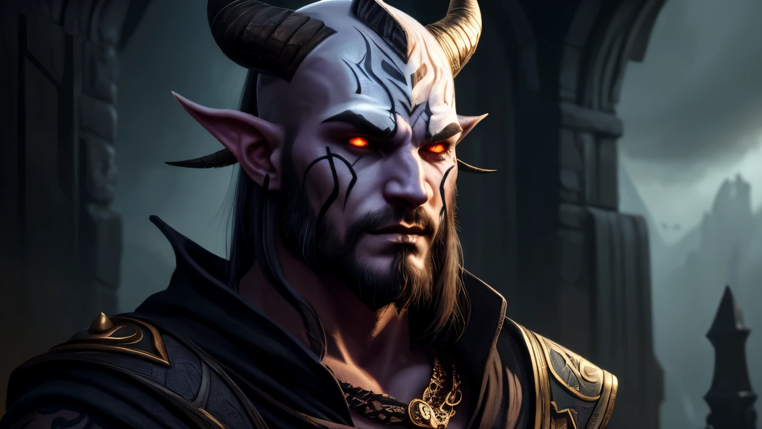 Man with tattoos on his face, fit male demon with white horns, male vampire of clan banu haqim, Detailed matte fantasy portrait, fantasy male portrait, Genie Demon Man, epic fantasy digital art style, epic fantasy art portrait, Dark, But detailed digital art, male djinn man demon hybrid, human male demon, Digital fantasy character