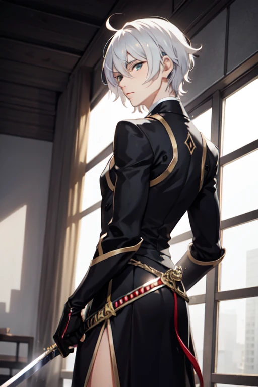 white shot haired anime boy with black assasin clothes and a sword looking back