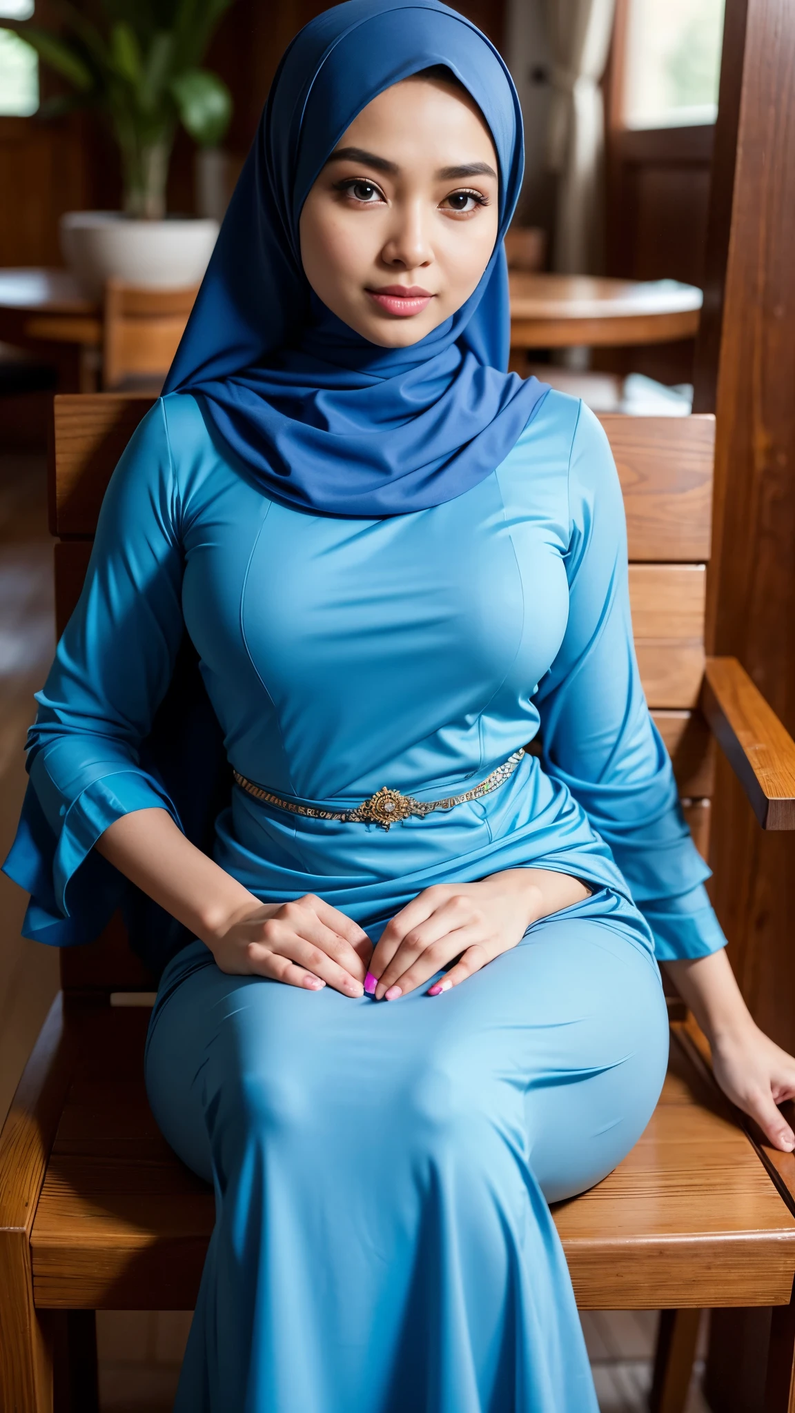 RAW, Best quality, high resolution, masterpiece: 1.3), beautiful Malay woman in hijab, Masterpiece, perfect fit body, Big breasts, thick thighs, beautiful big eyes, mole under the eyes, long eyelashes, big eyes, beutifull face, Soft smile, woman sitting on a wooden chair in a blue dress, with exotic beauty, taken in 2 0 2 3, very bright, blue traditional dress, with beautiful colors,, traditional beauty, taken in 2022, wearing beautiful clothes, with beautiful appearance, extraordinary masterpiece, colorful, beautiful woman, beautiful, colourful pastel, floral!, Soft turtleneck, Great lighting, Bright colors, Clean lines
