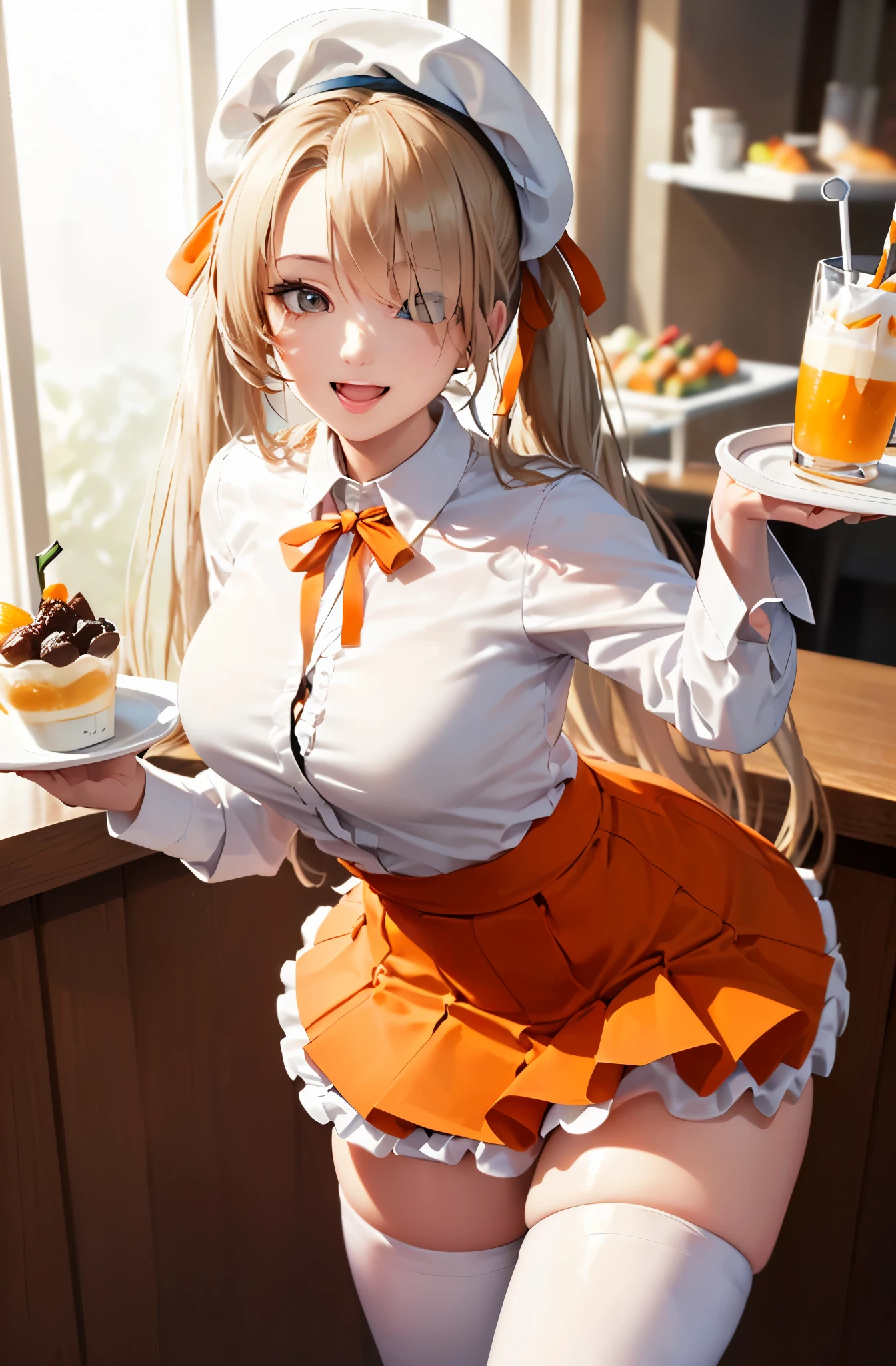 (muste piece:1.5)、(highest quality:1.5)、(16k wallpaper:1.2)、(photorealistic:1.2)、(Super detailed:1.2)、(ultra high resolution:1.2)、(Highly detailed and realistic skin:1.2)、(Very detailed and clean sharp eyes:1.2)、(Full Orange High Waist Ruffle Layered Mini Skirt:1.5)、(the skirt is widening)、(orange ribbon on shirt:1.5)、(orange waitress costume:1.2)、(Leaning forward)、(Carrying a parfait with a tray:1.3)、(At a family restaurant with many male customers.:1.2)、beautiful sunlight from the window、(woman with slender figure:1.2)、(beautiful 18 year old woman:1.2)、beautiful eyeliner、eye shadow、natural color lip、(Long blonde twintails that cover one eye:1.2)、chest is medium、The best smile with open mouth、(pure white collared long sleeve shirt:1.2)、(pure white knee high socks:1.3)、(White beret:1.3)、upward glance、Seen from above