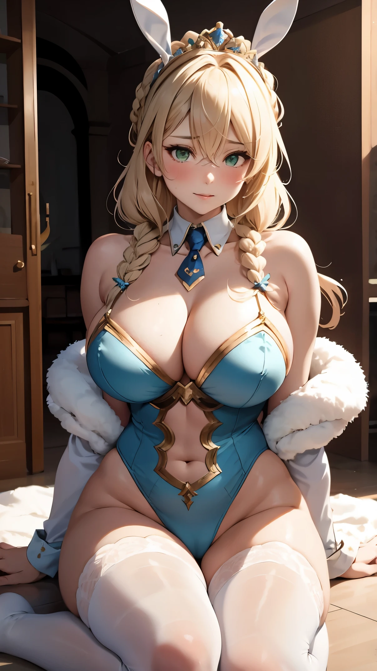 Rabbit Artoria Hairstyle, Costume RabbitArtoria, 1Girl, pectorals, Solo, Blonde hair, Green Eyes, French Braids, Long hair, large full breasts, cleavage, pony-tail, sidelocks, bangss, navels, looking up at viewer, bare shoulder, Braid, Hair between eyes, bunny pose, tiara, ahegao, Blush huge sagging breasts:1.8, Huge chubby sexy :1.9, Huge sexy , sexy legs:2.0, , Prohibited wearing, Wearing nothing, white transparent tights, Leg hugs, Hug your legs, Leg hugs, Squats and leg hugs,  Pose, Lay , Lie down hugging your legs, You look so sexy with