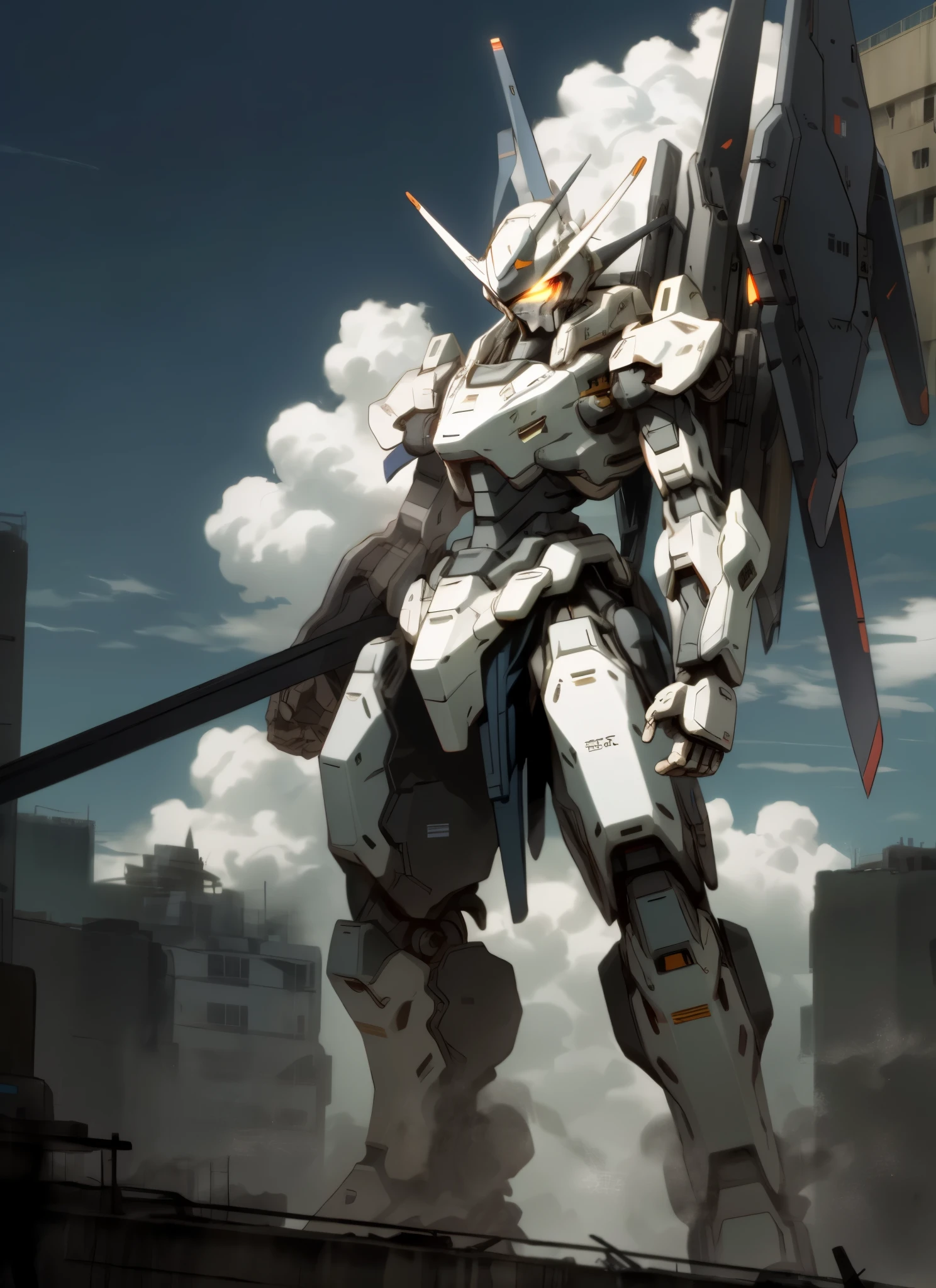 sky, cloud, holding_weapon, no_humans, glowing, , robot, building, glowing_eyes, mecha, science_fiction, city, realistic,mecha