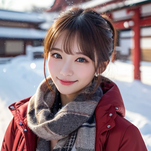 ((8k、RAW photo、highest quality、masterpiece:1.2))、(genuine、フォトgenuine:1.37)、(japanese women:1.3)、1people's women、Slender beautiful girl、ponytail 、big breasts、Scarf、snow scene、super detailed face:1.1、super detailed eyes、double eyelid:1.1、smile、background blur