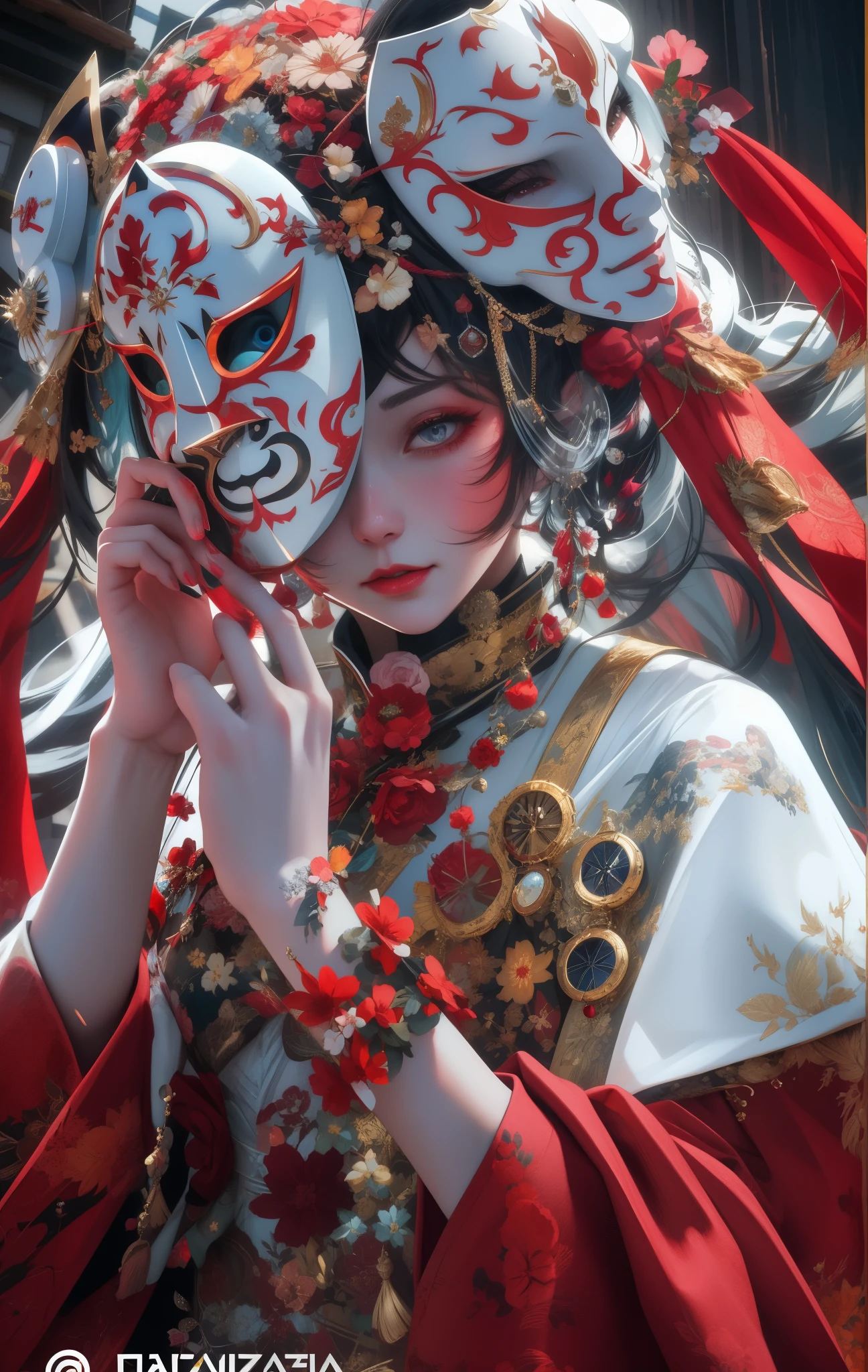 a closeup of a woman wearing a red and white dress and a mask, intrincado estilo anime cgi adornado, obra maestra de guweiz, Arte detallado de alta calidad 8K, japonismo 3 d 8 k ultra detailed, tendencia en cgstation, arte de anime digital detallado, obra de arte al estilo de guweiz, guweiz, wlop intrincado, obra maestra de la sociedad cg