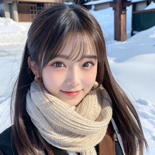((8k、RAW photo、highest quality、masterpiece:1.2))、(genuine、フォトgenuine:1.37)、(japanese women:1.3)、１people&#39;s women、Slender beautiful girl、ponytail 、big breasts、Scarf、snow scene、super detailed face、super detailed eyes、double eyelid、smile、background blur
