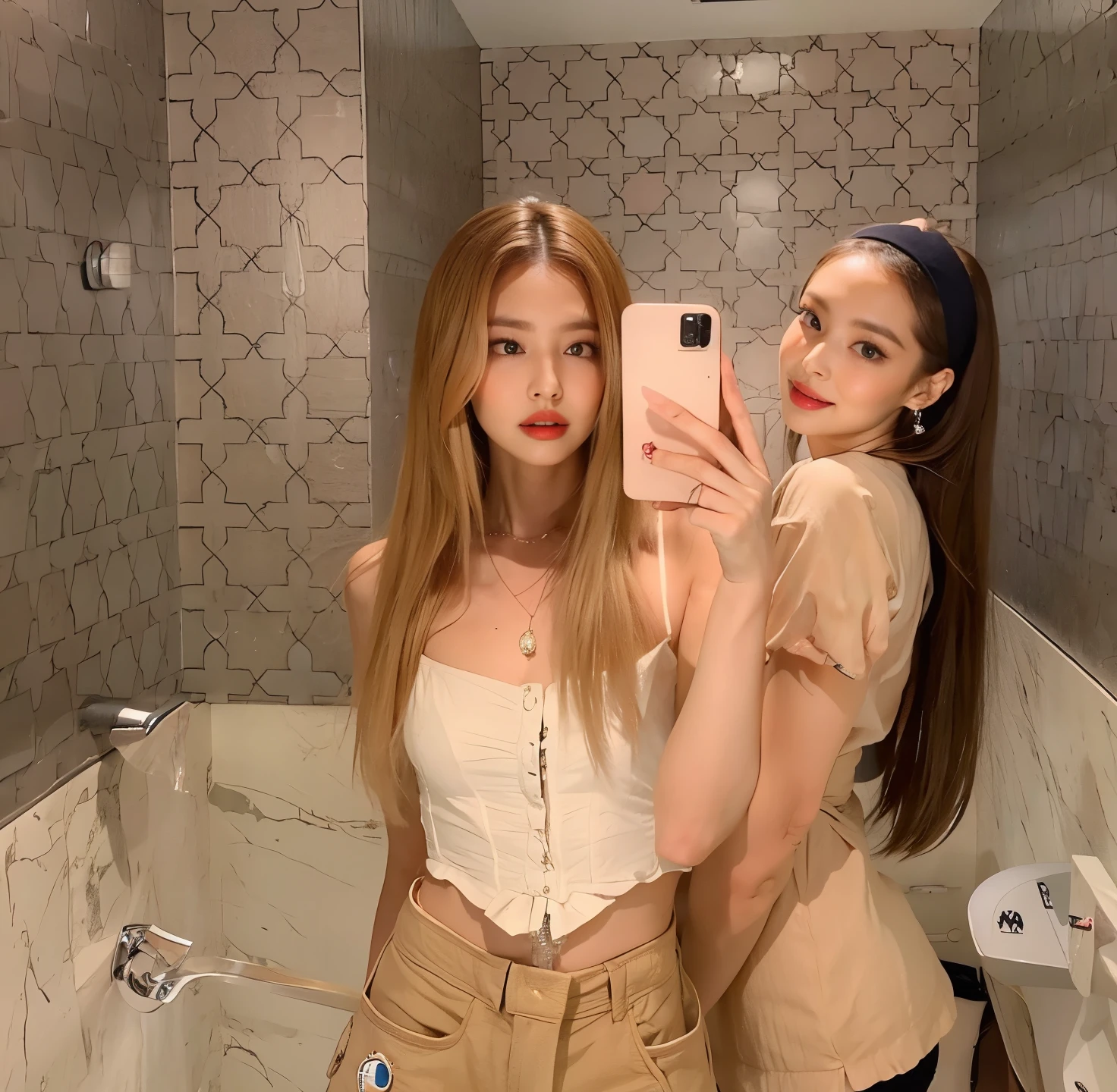 two women tirando uma selfie in a bathroom com um espelho, modelo do instagram, dois modelos no quadro, selfie, por Emma Andijewska, selfie no espelho, 🔞🤡, beautiful gemini twins, 🤬 🤮 💕 🎀, espelhado, selfie no instagram, tirando uma selfie, dasha taran, 💣 💥, imagem de perfil, com um espelho