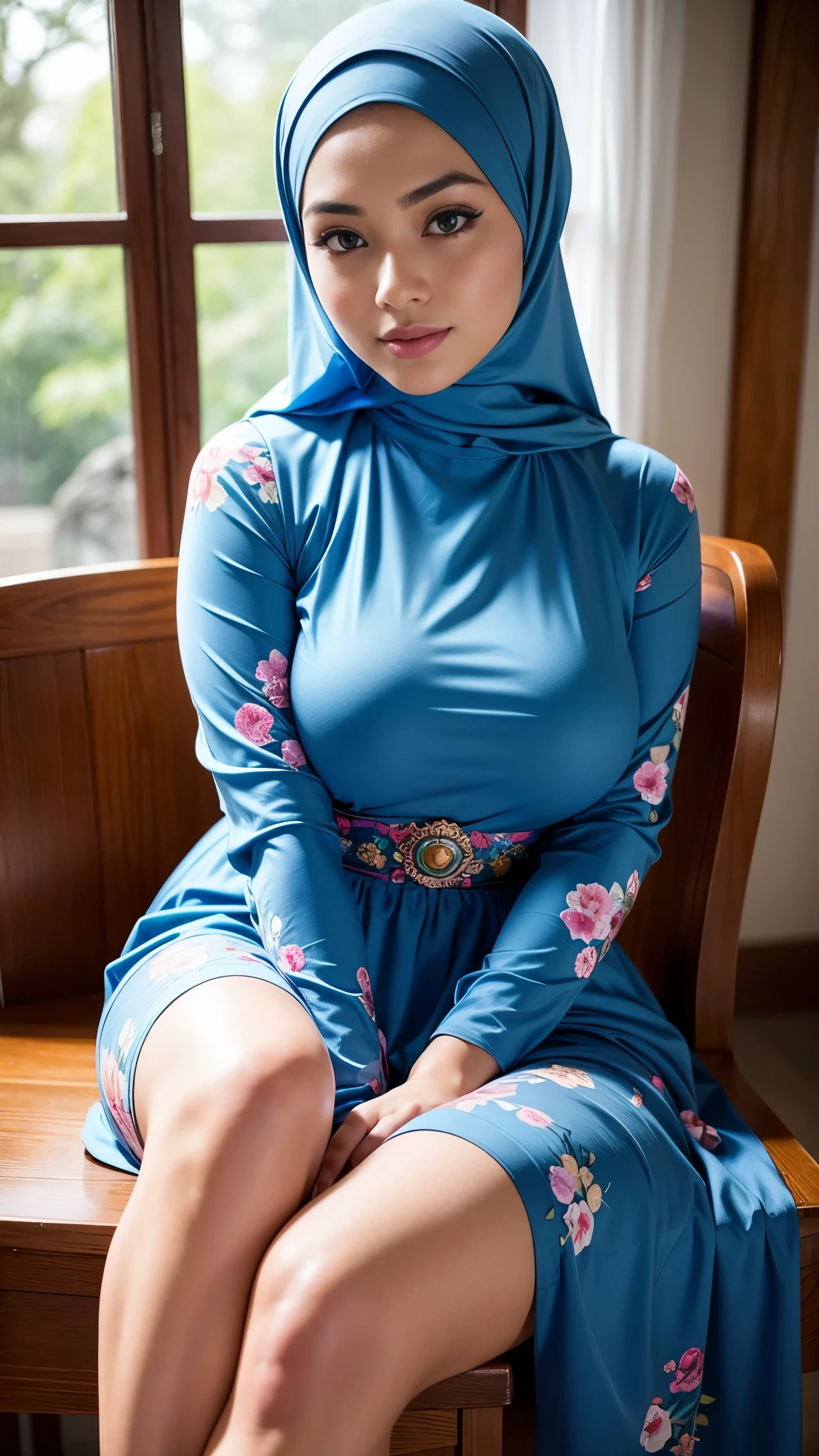 RAW, Best quality, high resolution, masterpiece: 1.3), beautiful Malay woman in hijab, Masterpiece, perfect fit body, Big breasts, thick thighs, beautiful big eyes, mole under the eyes, long eyelashes, big eyes, beutifull face, Soft smile,  woman sitting on a wooden chair in a floral blue dress, with erotic, taken in 2 0 2 3, very bright, blue traditional dress, with beautiful colors,, traditional beauty, taken in 2022, wearing beautiful clothes, with beautiful appearance, extraordinary masterpiece, colorful, beautiful woman, beautiful, colourful pastel, floral!, Soft turtleneck, Great lighting, Bright colors, Clean lines