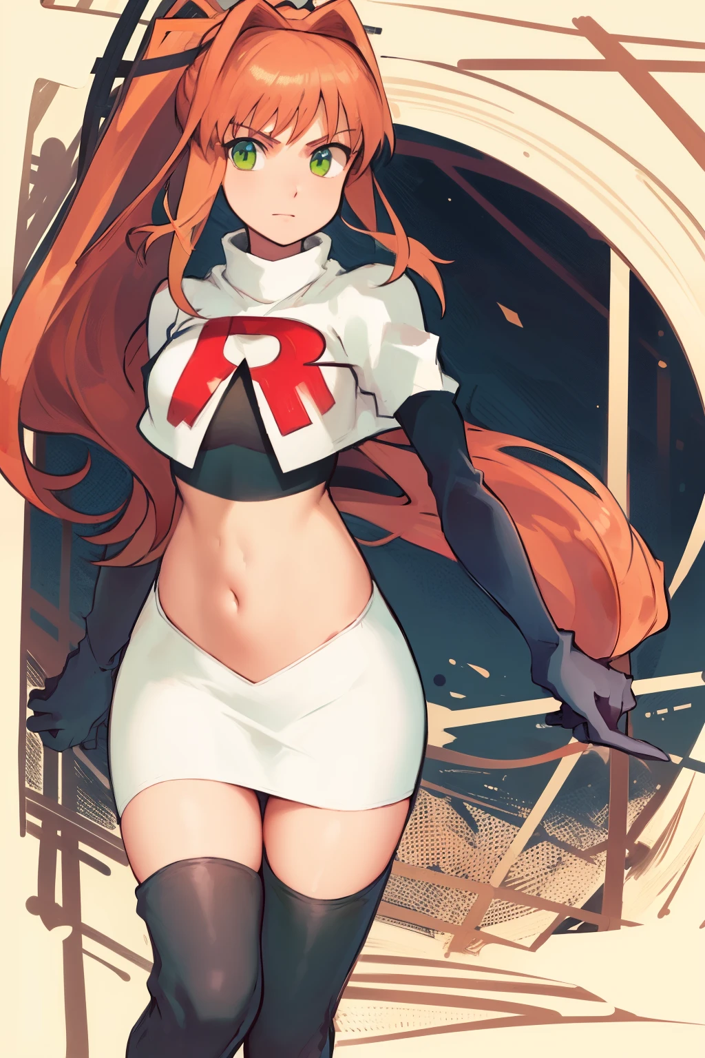 2d, masterpiece, best quality, anime, highly detailed, cowboy shot, 1girl, solo, monika, green eyes, very long hair, ponytail, team rocket,team rocket uniform,white skirt,red letter R,crop top,black thigh-highs,black elbow gloves