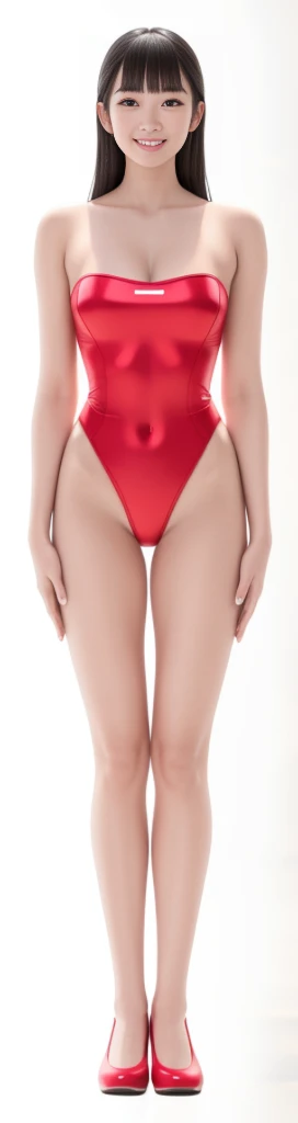 On a white background,A tall and beautiful Chinese girl,with fair skin,Toothy smile,A big smile,When you laugh, Your eyes are crescent-shaped,blunt bangs, long straight hair,Wear a one-piece swimsuit and pumps,Swimsuits are decorated with joyful patterns, Stand up straight,Stand upright,hands on sides,Symmetrical distribution,Ray tracing,All shaded areas,No windows, Soft lighting, Warm light, flood light, no lights on the top, Studio light, 1.4x Realistic Ultra HD