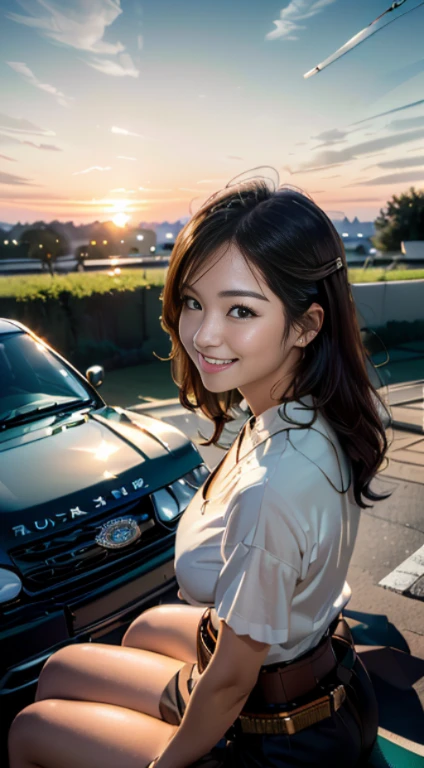 1girlはenjoy the sunset, great view of the lake in the back,27 years old、(big breasts and butt),(( shot from the side)、(High resolution).( sitting on the hood of a car), (Uesutoberuto)、(waist belt), enjoy the sunset,(view viewer) ,(sitting on the hood of a carいる美しい水着の女性), Land Rover Series III 109, sage color, parking.、(realistic:1.4)、(look back and smile)、(extra thin string)、(Buckshot tuck view:1.3)、