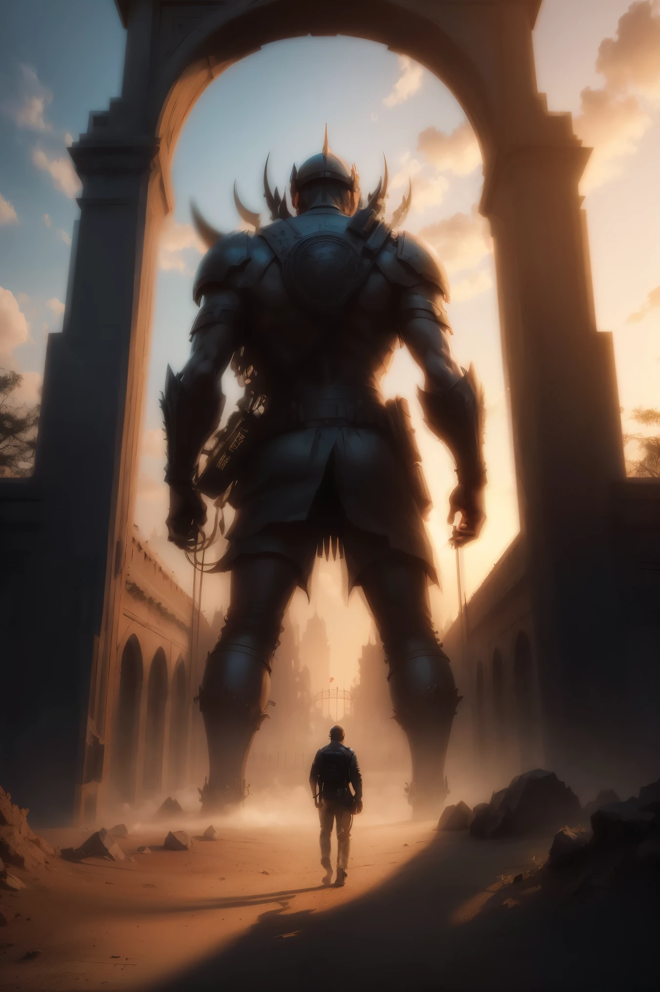 Man descending to the gates of hell, altamente detalhado, view from behind, magnificent colors, fotografia deslumbrante, fotorrealista, soft pastel colors, altamente detalhado, intricado, rastreamento de caminho, illustration, incrivelmente detalhado, shadow mapping volumetric light, specular lighting