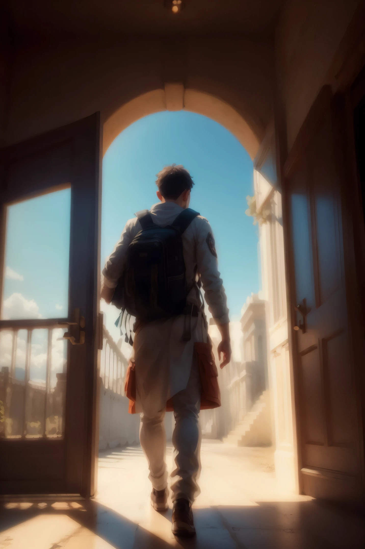 Man descending to the gates of hell, altamente detalhado, view from behind, magnificent colors, fotografia deslumbrante, fotorrealista, soft pastel colors, altamente detalhado, intricado, rastreamento de caminho, illustration, incrivelmente detalhado, shadow mapping volumetric light, specular lighting