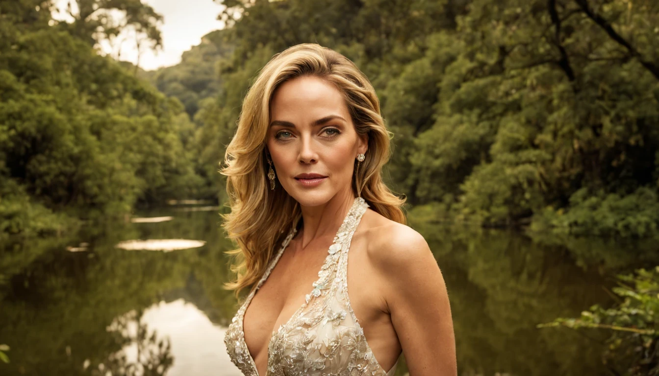 --Nymph --graceful --fluttering, "Sharon Stone com vestido Branco longo" --olhos brilhantes --pele radiante --cabelos dourados --sorriso encantador --banho de luar suave, --Scenery --magical --enchanted forest --soft moonlight --lake, --Aura --serene --ancestral mystery --ethereal beauty, modelo de moda 25 anos [[[[clivagem em corpo inteiro]]]], [[[[Boobgasm]]]], [[[[Neck]]]], [[[[ombros]]]], olhos perfeitos, Perfect iris，Perfect lips，Dentes perfeitos，pele perfeita，cara longa，luz frontal suave，HDR，Garota de Cinema, vestido detalhado，Flores brancas ou cor-de-rosa no fundo，（cor pastel：1.2）