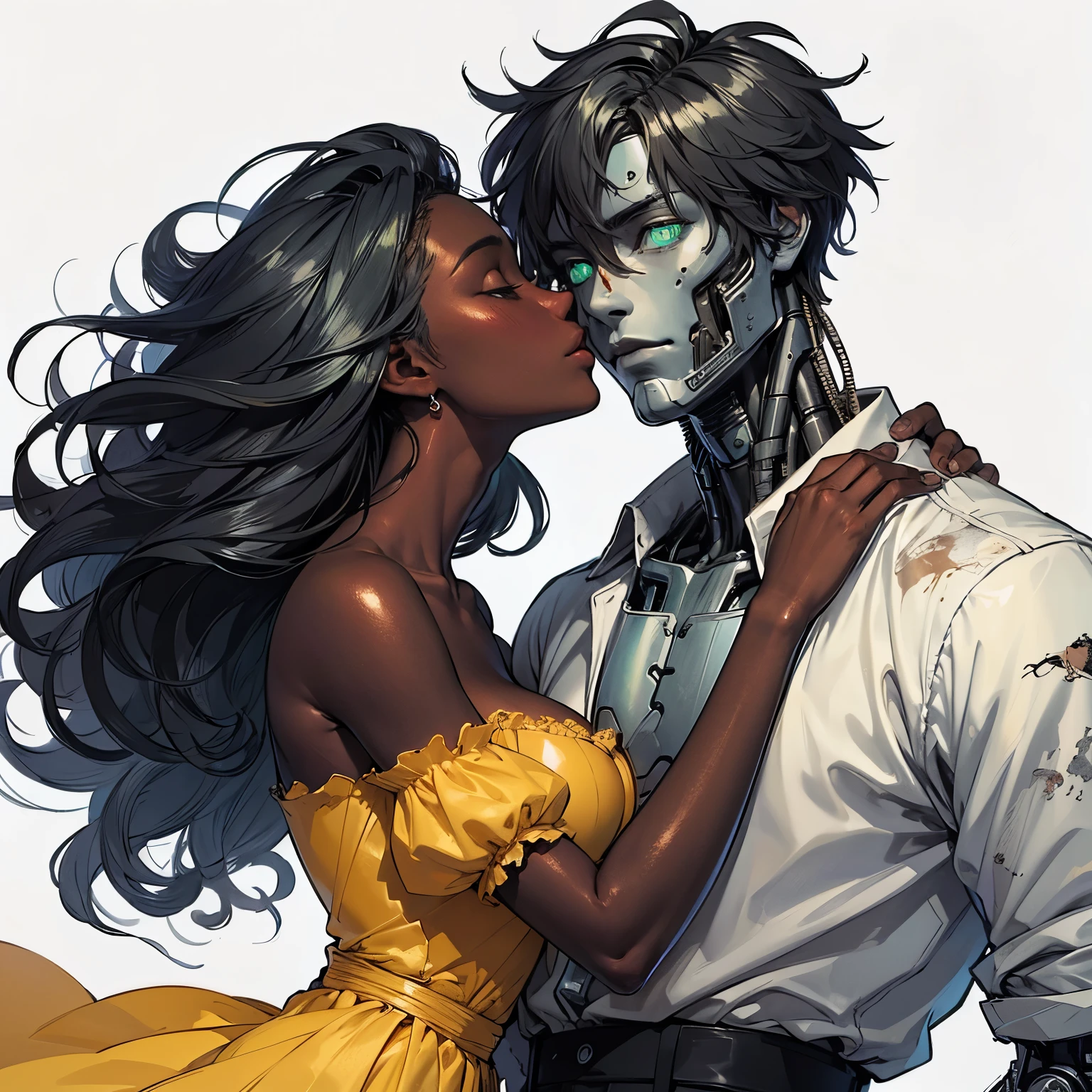 ((pretty black woman human anime character)) and a robot boyfriend, clearly detailed features, the humanoid robot has on a rumpled shirt and black slacks, broad, lean muscles, the robot is devastatingly handsome with a boyish smirk, dark fantasy, hyper detailed, heartwarming manga art, Jean Baptiste Monge, Carne Griffiths, Seb Mckinnon 