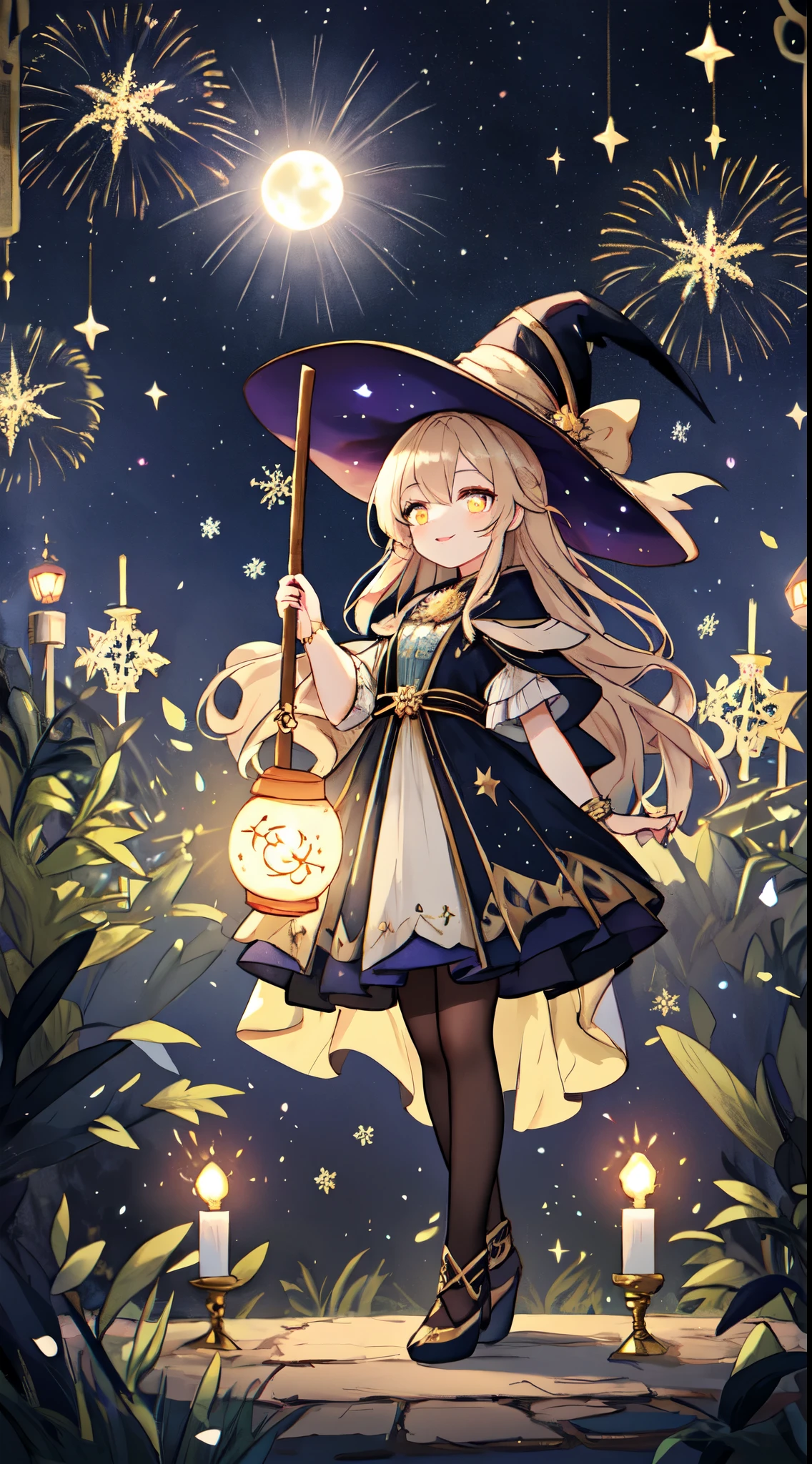 magical witch,beautiful detailed eyes,beautiful detailed lips,longeyelashes,sparkling dress,enchanted garden background,glowing lantern,starry night sky,potion,mystical spells,powerful broomstick,fairy dust,lovely smile,full moon,bewitching charm,ancient magic,spellbinding,sparkling fireworks,magical wand,floating candles,whimsical atmosphere,celebration,mythical creatures,mysterious aura,spellbook,casting spells,new year blessings,cosmic energy,glittering snowflakes,magical glow,blessings of abundance,harmony and prosperity,transformation,dreamlike scene,extravagant hat,luminous moonlight,happy new year,supernatural powers,colorful explosion,illusory effects,enchanting costume,glowing eyes,illumination,mesmerizing universe,divination,auspicious symbols,good fortune.