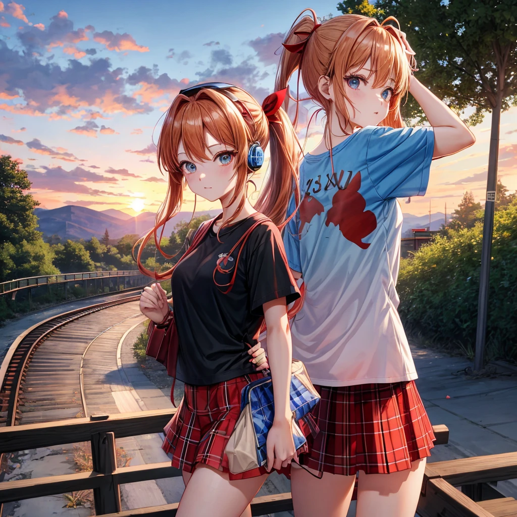 Red-blonde、blue hair、blue eyeraid、ponytail、one good looking girl、solo、anime、Plaid miniskirt、black t-shirt、camisole、forest、walking、Wearing a plaid baseball cap、Tilting your face、log bridge、Doing the ribbon、sunset sky、Wearing headphones、Stone bridge、train track、petal