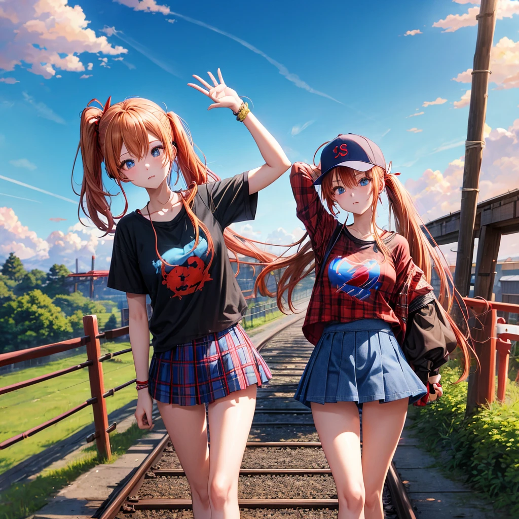Red-blonde、blue hair、blue eyeraid、ponytail、one good looking girl、solo、anime、Plaid miniskirt、black t-shirt、camisole、forest、walking、Wearing a plaid baseball cap、Tilting your face、log bridge、Doing the ribbon、sunset sky、Wearing headphones、Stone bridge、train track、petal