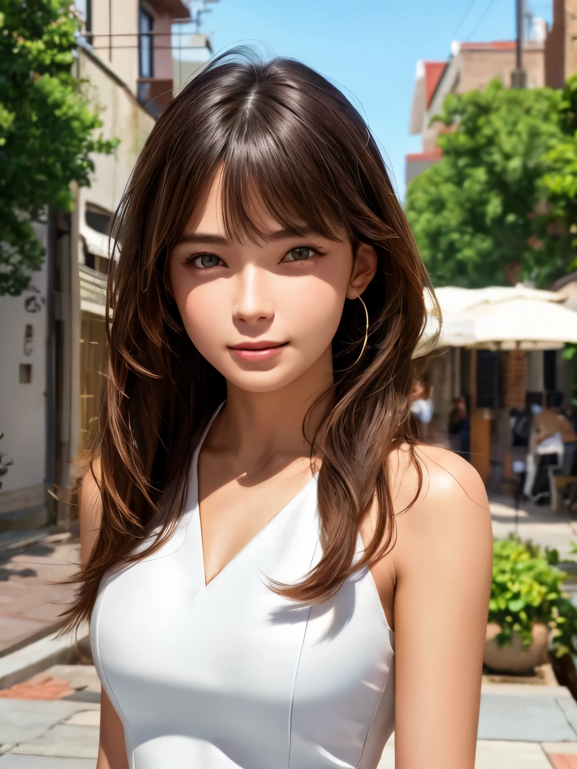 Super detailed, very detailed, pieces fly, highest quality, highest quality, confused, High resolution, scattered below the surface, (1 girl:1.2), (alone:1.2), (high school girl:1.1), bangs, (sneaky smile:1.0), eye reflection, fine eyes, perfect eyes, rendered eyes, (look at the audience: 1.2), dynamic angle, dynamic pose, Telephone, whole body, (fine skin: 1.1), skin pores, shiny skin, shiny skin, (skin dents: 1.2), chest, hair flow, summer, daytime, outdoor, city, sidewalk, back alley, (sign: 0.9), (water: 0.9), (plant: 0.9), (detailed background: 1.2), (complex background: 1.2),