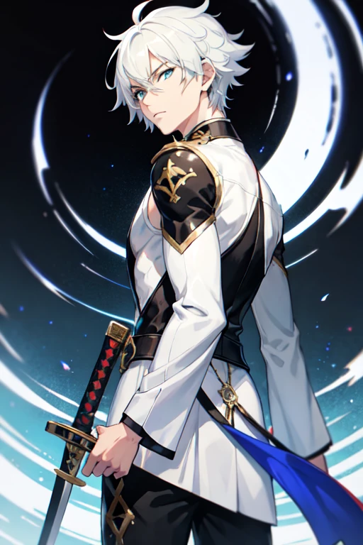 white medium haired anime boy with black assasin clothes and blue eye ,a sword looking back looking badass