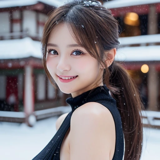 ((8k、RAW photo、highest quality、masterpiece:1.2))、(genuine、フォトgenuine:1.37)、(japanese women:1.3)、1people's women、Slender beautiful girl、ponytail 、(big breasts)、Black muffler、snow scene、super detailed face、super detailed eyes、double eyelid、Bursting smile、background blur
