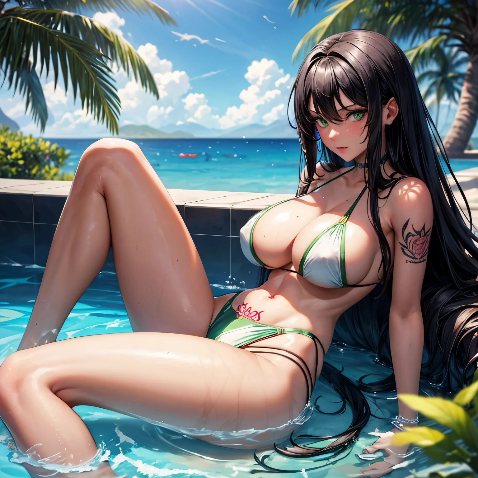 masterpiece, best quality, black hair , mobster, long hair, green eyes, big breasts, bikini, sexy look, perfect face, in the pool , tanned skin, with tattoos.