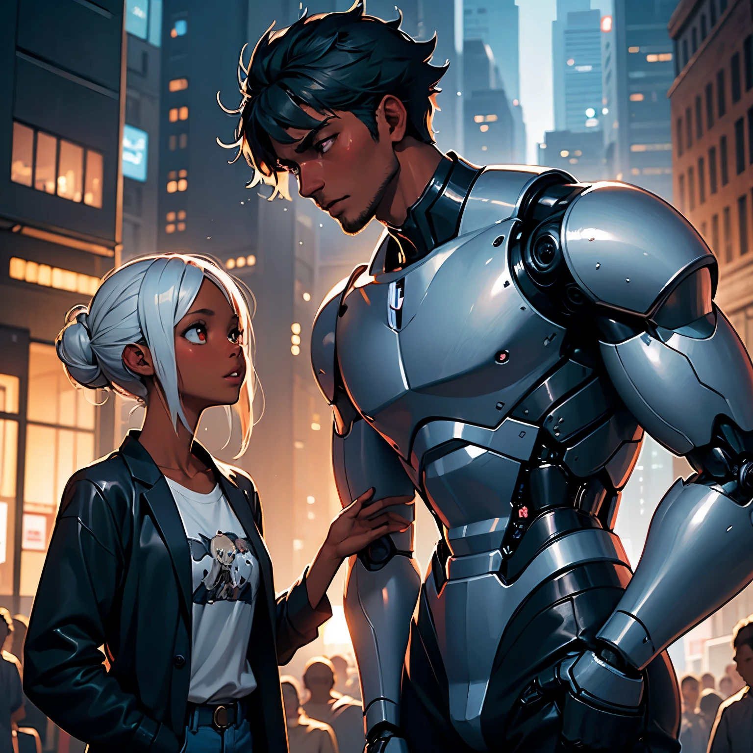 ((pretty black woman human anime character)) and a robot boyfriend, clearly detailed features, the humanoid robot has on a rumpled shirt and black slacks, broad, lean muscles, the robot is devastatingly handsome with a boyish smirk, dark fantasy, hyper detailed, heartwarming manga art, Jean Baptiste Monge, Carne Griffiths, Seb Mckinnon 