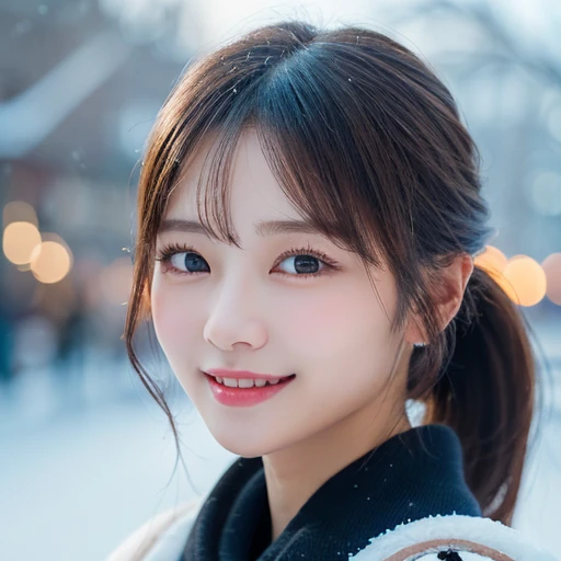 ((8k、RAW photo、highest quality、masterpiece:1.2))、(genuine、フォトgenuine:1.37)、(japanese women:1.3)、1people's women、Slender beautiful girl、ponytail 、big breasts、Black muffler、snow scene、super detailed face、super detailed eyes、double eyelid、Bursting smile、background blur