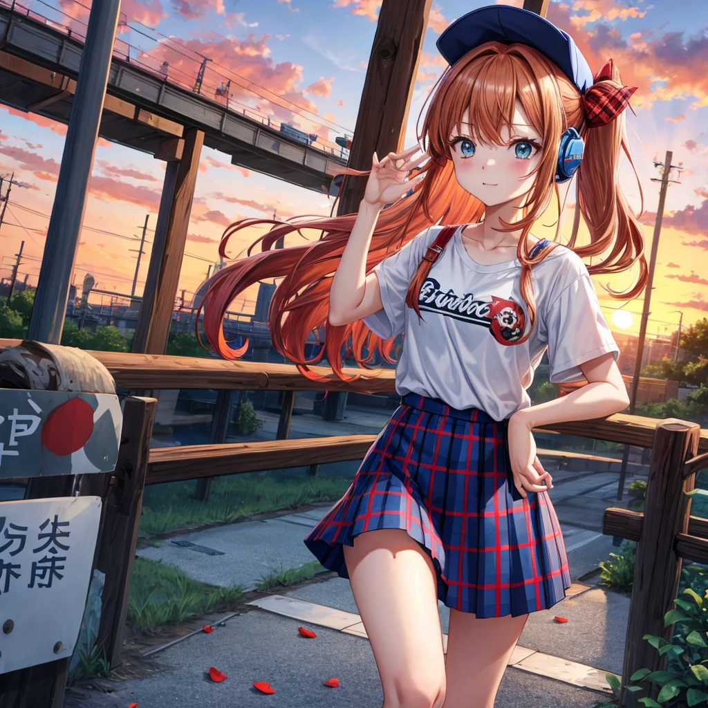 Red-blonde、blue hair、blue eyeraid、ponytail、one good looking girl、solo、anime、Plaid miniskirt、black t-shirt、camisole、forest、walking、Wearing a plaid baseball cap、Tilting your face、log bridge、Doing the ribbon、sunset sky、Wearing headphones、Stone bridge、train track、petal、A small bird is flying
