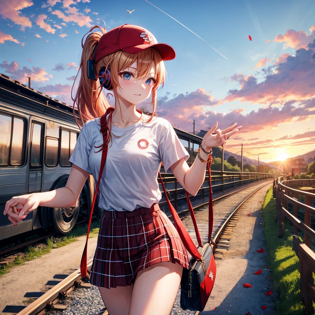 Red-blonde、blue hair、blue eyeraid、ponytail、one good looking girl、solo、anime、Plaid miniskirt、black t-shirt、camisole、forest、walking、Wearing a plaid baseball cap、Tilting your face、log bridge、Doing the ribbon、sunset sky、Wearing headphones、Stone bridge、train track、petal、A small bird is flying
