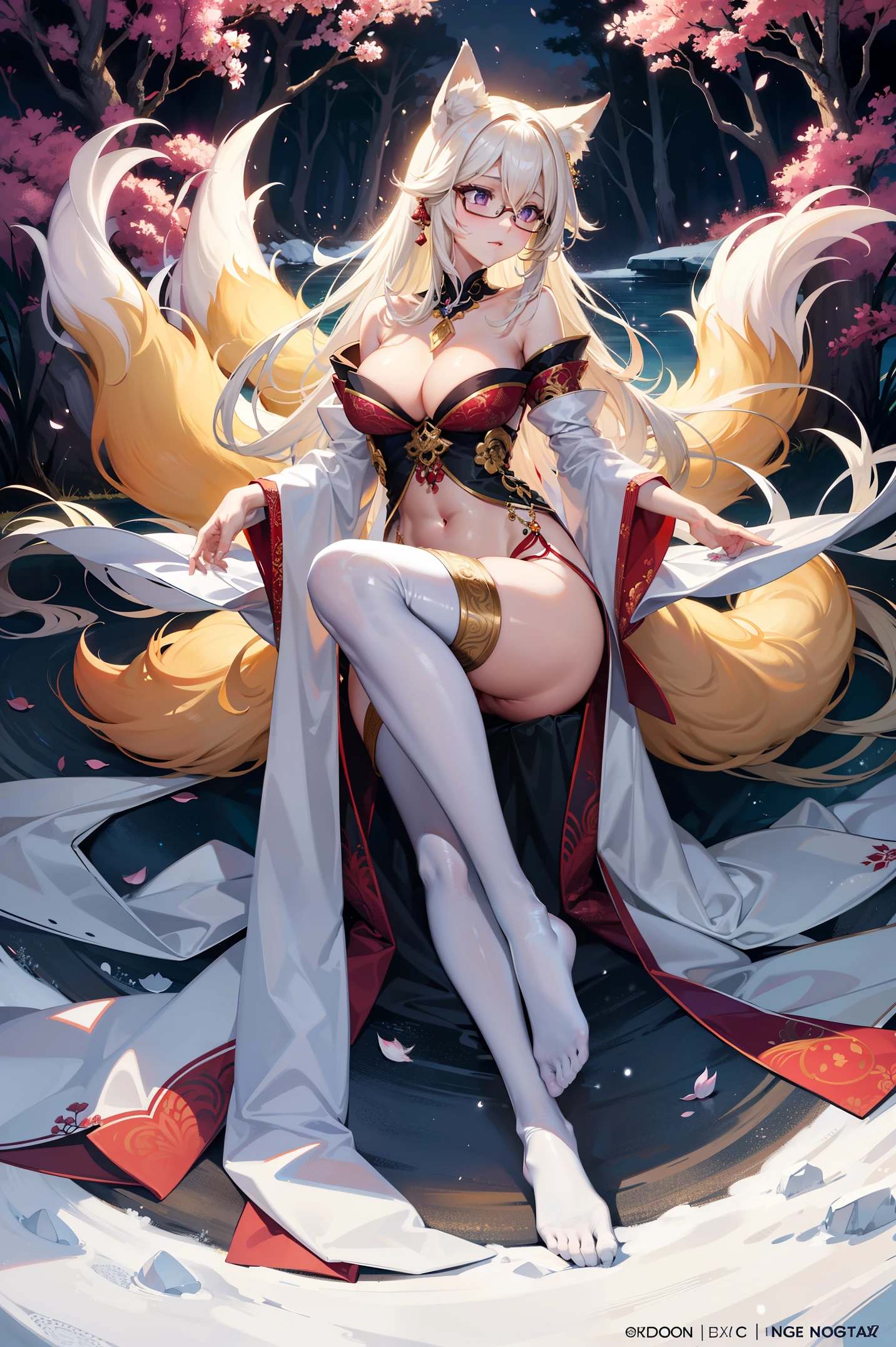 breathtaking, nine-tailed golden fox, no-human, japanese art style, majestic, bokeh, ink, art, complex background, beautiful tails,
n a serene and enchanted forest, a mesmerizing sight awaits those fortunate enough to catch a glimpse - a breathtaking white fox with a lustrous coat that gleams like freshly fallen snow under the gentle moonlight. Gracefully moving through the undergrowth, its elegant form captures the essence of ethereal beauty. But what truly sets this wondrous creature apart is its extraordinary nine tails, each one adorned with intricate patterns that seem to tell ancient tales of mythical wonders. With every swish of those magnificent tails, an enchanting aura of magic surrounds the fox, captivating all who behold its splendor. As the embodiment of purity and allure, the white fox with its resplendent nine tails is a living testament to the wonders of nature's creativity and brilliance,
masterpiece, best quality, purple eyes, blonde fur, fox, animal ears, blonde hair, fox ears, glasses,
