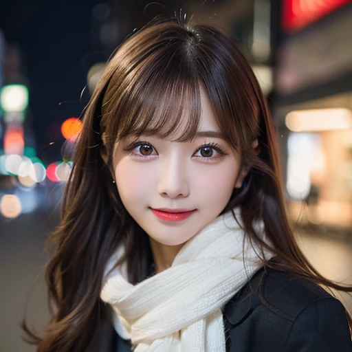 ((8k、RAW photo、highest quality、masterpiece:1.2))、(genuine、フォトgenuine:1.37)、(japanese women:1.3)、１people's women、Slender beautiful girl、ponytail 、big breasts、Scarf、black color、snow、City of night、super detailed face、super detailed eyes、double eyelid、smile、background blur