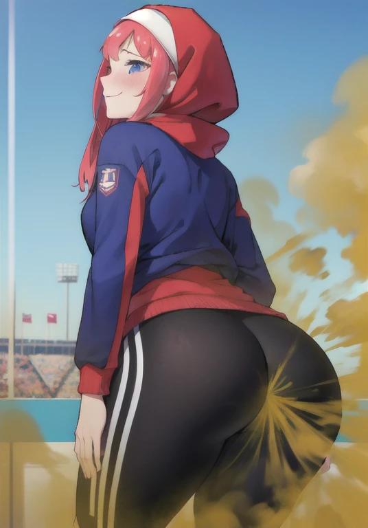 , view from behind,girl wearing tracksuit and legging,girl wearing hijab,girl smiling shyly, blushing,school sports field,(masterpiece:1.2、top-quality)、(the Extremely Detailed CG Unity 8K Wallpapers、ultra-detailliert、Best Shadows)、(细致背景)、(The best lighting、extremely delicate and beautiful)、depth of fields、1girl in、独奏 ,Women,((((Girl is embarassed when she farting)))),(profile facing diagonally))))),(()),((embarassing look)),((massive fart))
