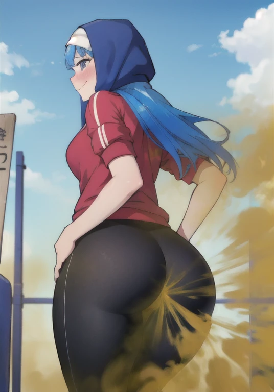 , view from behind,girl wearing tracksuit and legging,girl wearing hijab,girl smiling shyly, blushing,school sports field,(masterpiece:1.2、top-quality)、(the Extremely Detailed CG Unity 8K Wallpapers、ultra-detailliert、Best Shadows)、(细致背景)、(The best lighting、extremely delicate and beautiful)、depth of fields、1girl in、独奏 ,Women,((((Girl is embarassed when she farting)))),(profile facing diagonally))))),(()),((embarassing look)),((massive fart))