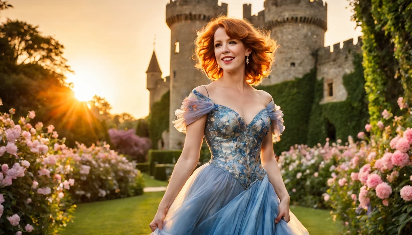 Graceful and fluttering nymph, "Molly Ringwald com vestido Azul longo", olhos brilhantes, pele radiante, cabelos dourados, sorriso encantador, in a garden full of flowers and with a castle in the background with a beautiful sunset.