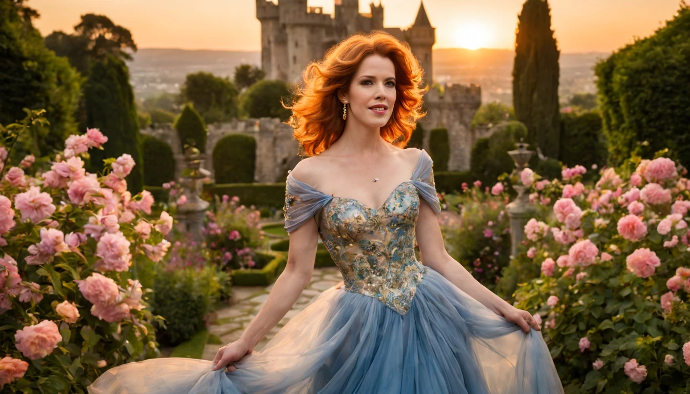 Graceful and fluttering nymph, "Molly Ringwald com vestido Azul longo", olhos brilhantes, pele radiante, cabelos dourados, sorriso encantador, in a garden full of flowers and with a castle in the background with a beautiful sunset.