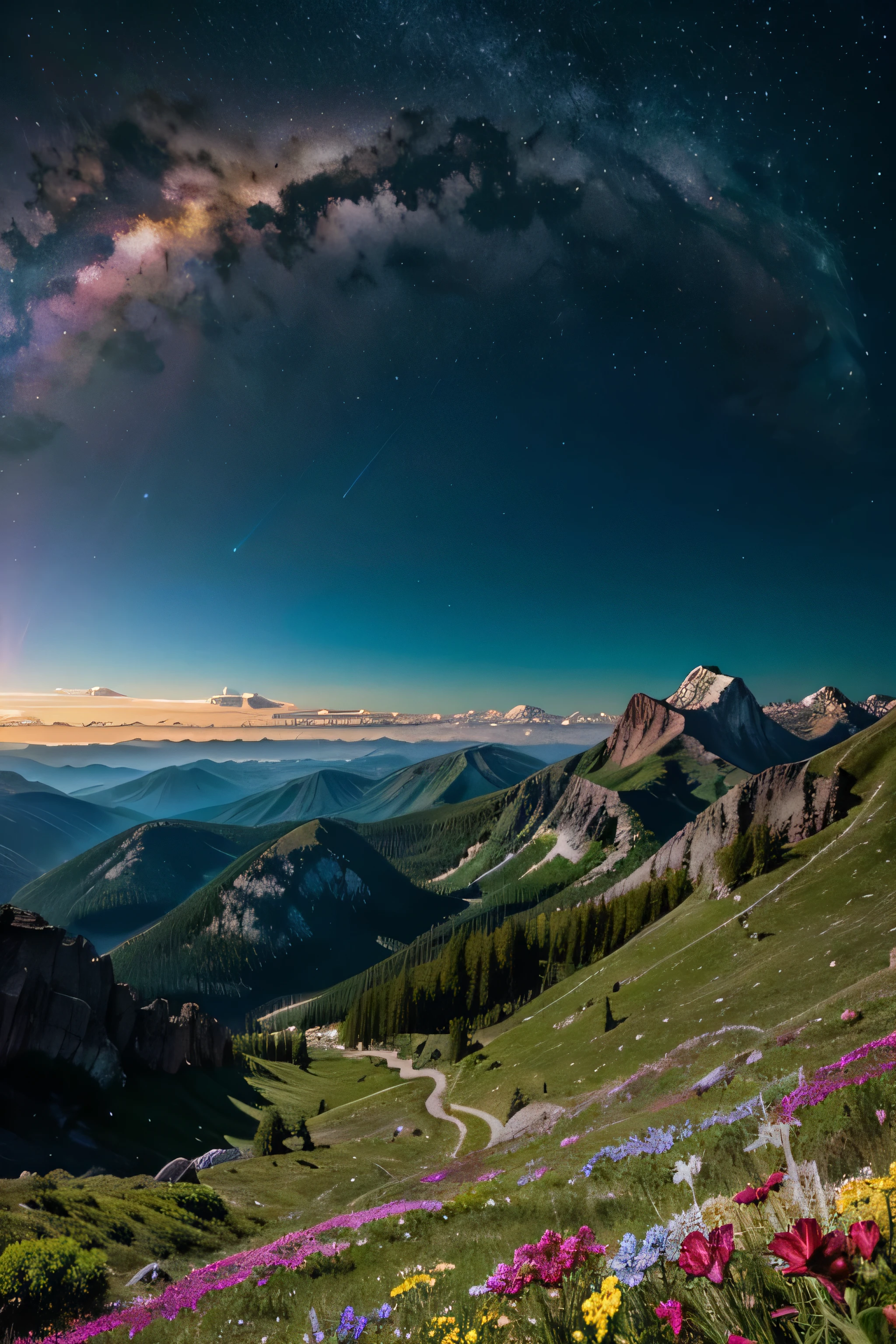 Generate a stunning image of a picturesque natural landscape filled with vibrant colors. Envision lush greenery, rocky mountains, and blooming flowers creating a visually striking composition. Populate the sky with a plethora of multicolored clouds reminiscent of a cosmic tapestry. Capture the beauty and harmony of nature, with each element blending seamlessly to form a captivating scene. Infuse the canvas with the brilliance of the scenery, evoking a sense of awe and wonder as if witnessing a cosmic spectacle on Earth.