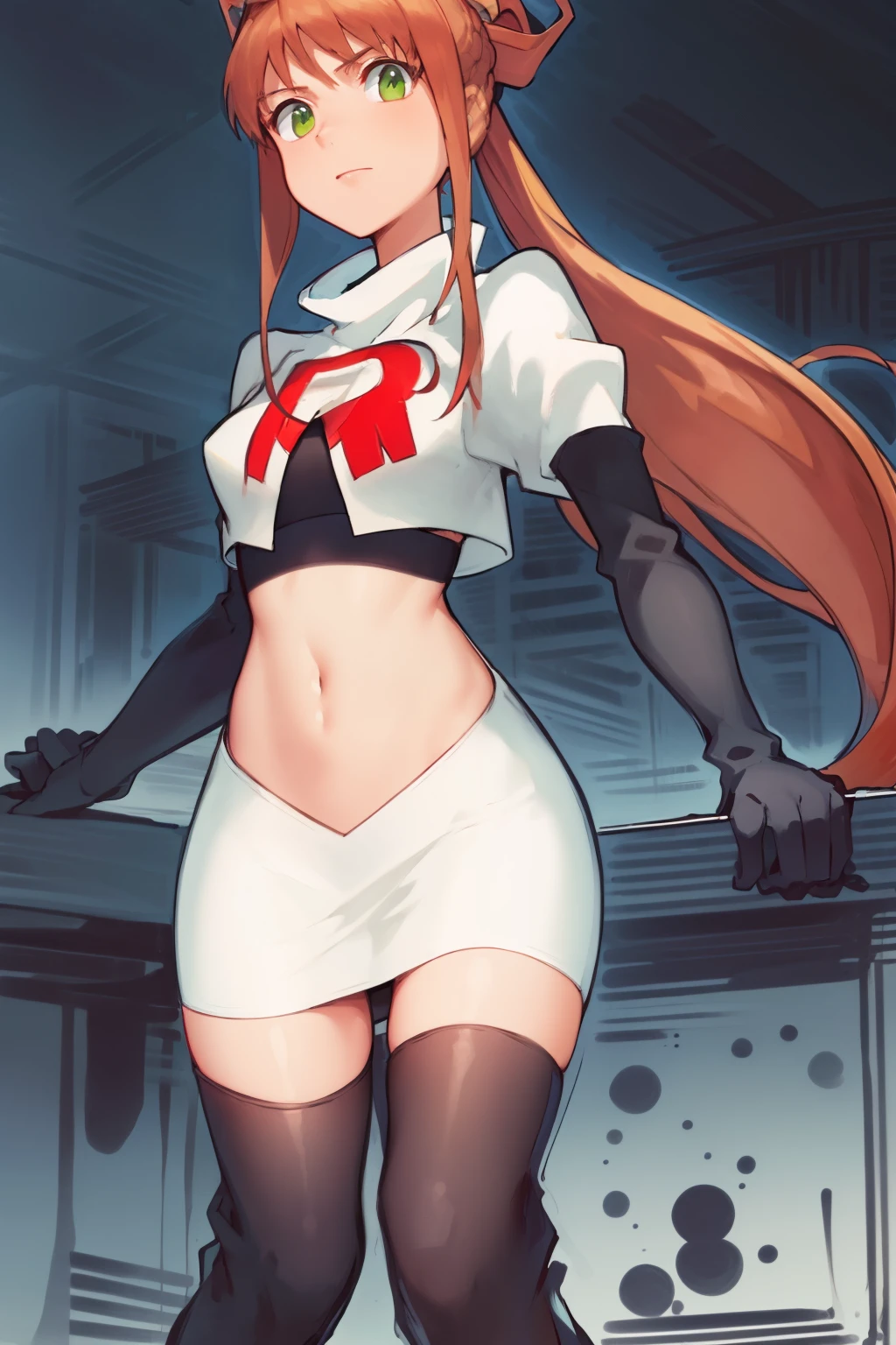 2d, masterpiece, best quality, anime, highly detailed, cowboy shot, 1girl, solo, monika, green eyes, very long hair, ponytail, team rocket,team rocket uniform,white skirt,red letter R,crop top,black thigh-highs,black elbow gloves