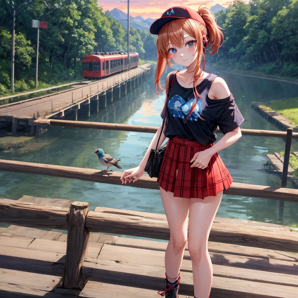 Red-blonde、blue hair、blue eyeraid、ponytail、one good looking girl、solo、anime、Plaid miniskirt、black t-shirt、camisole、forest、walking、Wearing a plaid baseball cap、Tilting your face、log bridge、Doing the ribbon、sunset sky、Wearing headphones、Stone bridge、train track、petal、A small bird is flying