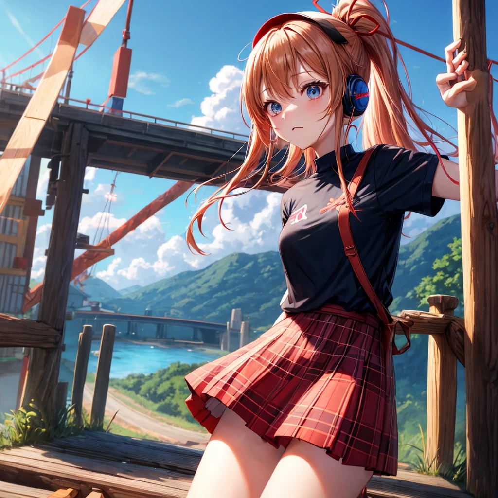 Red-blonde、blue hair、blue eyeraid、ponytail、one good looking girl、solo、anime、Plaid miniskirt、black t-shirt、camisole、forest、walking、Wearing a plaid baseball cap、Tilting your face、log bridge、Doing the ribbon、sunset sky、Wearing headphones、Stone bridge、train track、petal、A small bird is flying