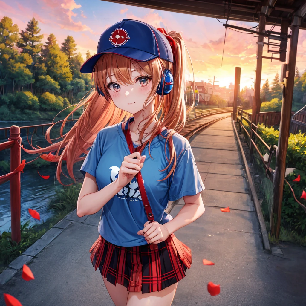 Red-blonde、blue hair、blue eyeraid、ponytail、one good looking girl、solo、anime、Plaid miniskirt、black t-shirt、camisole、forest、walking、Wearing a plaid baseball cap、Tilting your face、log bridge、Doing the ribbon、sunset sky、Wearing headphones、Stone bridge、train track、petal、A small bird is flying