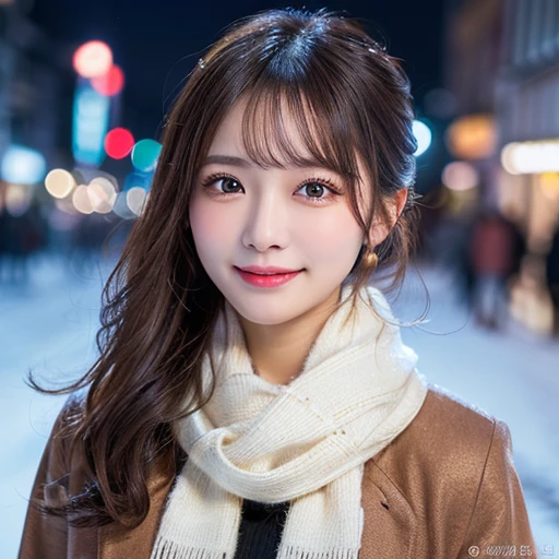 ((8k、RAW photo、highest quality、masterpiece:1.2))、(genuine、フォトgenuine:1.37)、(japanese women:1.3)、1people's women、Slender beauty、ponytail 、big breasts、Scarf、snow、City of night、super detailed face、super detailed eyes、double eyelid、smile、background blur
