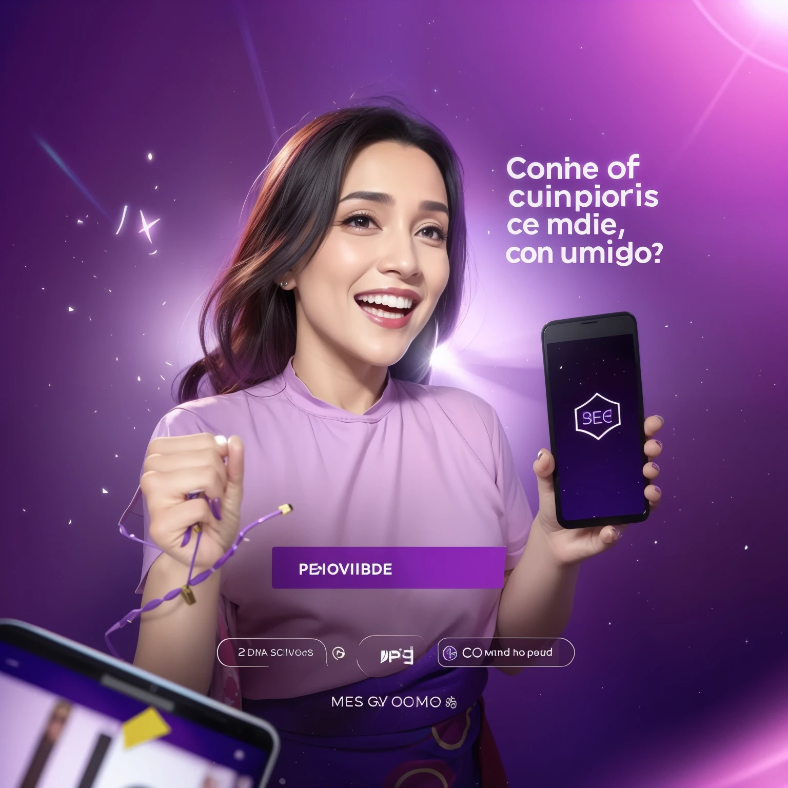 purple ad with a woman holding a cell phone in her hand, ad image, undescomplicado de verdade 5, television contraction, acesso, Comercial de TV, fantasy acesso, descomplicado de verdade, filmic acesso, tema violeta, tema de cor violeta, 4k&#39;&#39;, in o fundo, exploitable image, Publicidades, promotion, suave em _ o fundo