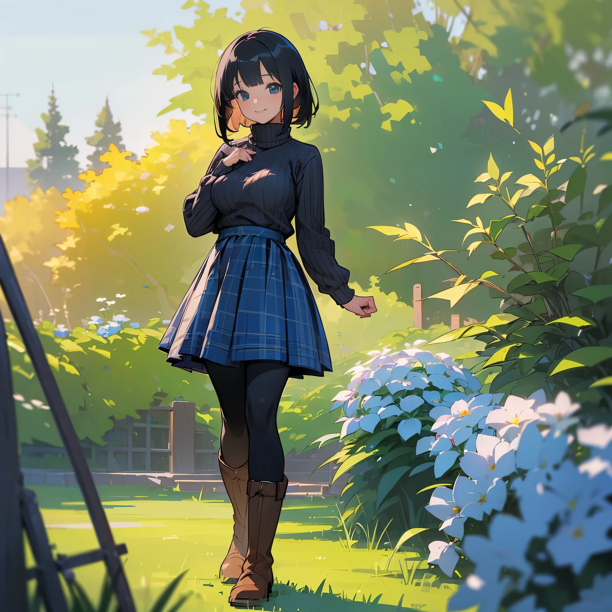 (high quality, high resolution, Super detailed, Reality:1.37), peaceful atmosphere, (outdoor, garden), Teenage girl standing alone, (My breasts are big.), Beautiful detailed features, cute smile, (black bob hair), ribbed sweater, blue plaid skirt, Black tights, Brown boots.