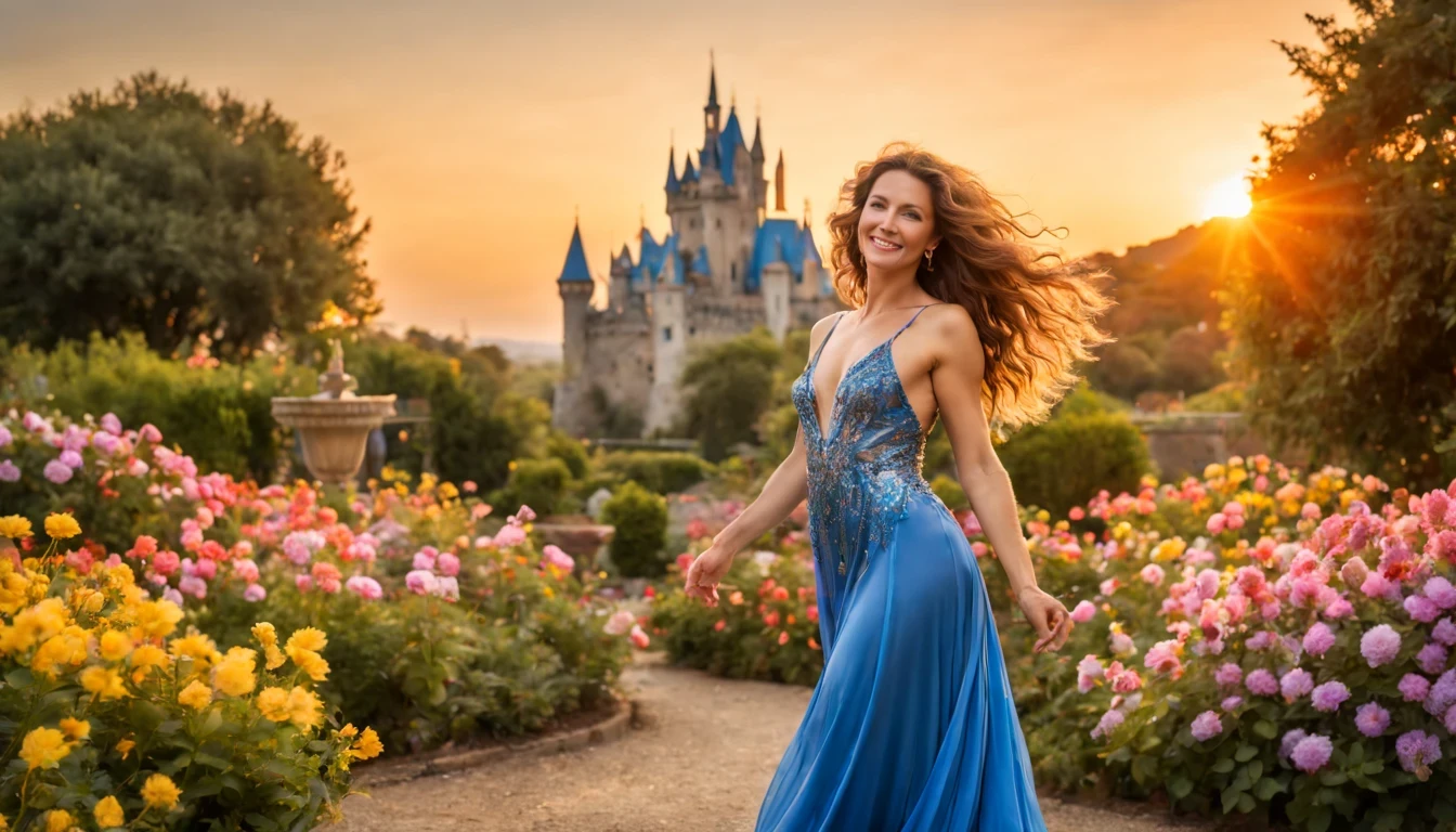 Graceful and fluttering nymph, "Jennifer Grey com vestido Azul longo", olhos brilhantes, pele radiante, cabelos dourados, sorriso encantador, in a garden full of flowers and with a castle in the background with a beautiful sunset.