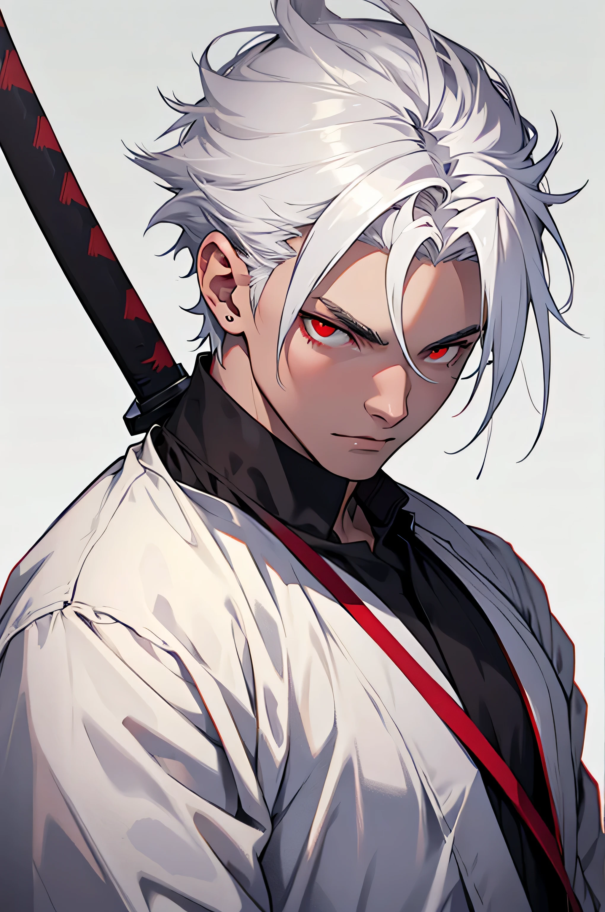 Jovem, cabelo branco, olhos vermelhos, com uma katana